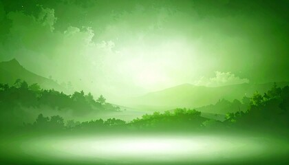 Fototapeta premium Misty green forest landscape with layered trees and hills, soft spotlight in foreground under cloudy dawn sky, tranquil and atmospheric.