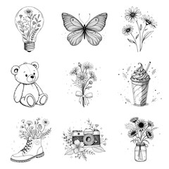Black and white line art illustration collection with floral elements, butterfly, teddy bear, camera, milkshake, and boots, minimalist hand-drawn set