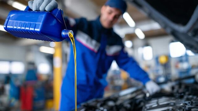 79Mechanic pouring oil in bright service garage, blue bottle tilted above open engine, soft focus background of tools and equipment adding workshop authenticity