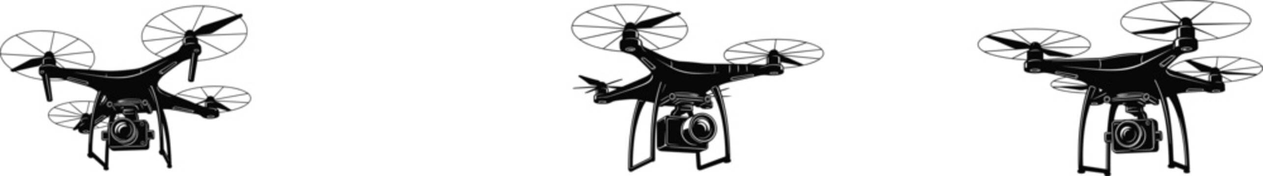 Quadcopter drone silhouettes, camera drone icons, aerial photography UAVs, surveillance drones, flying robots, vector illustration, black graphic, tech design