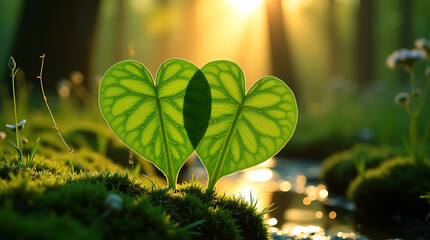 Heart-Shaped Green Leaves in Sunlight by the Stream , Nature Love Concept, Eco Romance, Natural Beauty