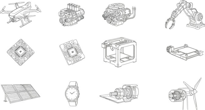 Technology icons line art, mechanical vector set, industrial tools sketch, robotics and energy illustration, cad drawing flat vector illustration