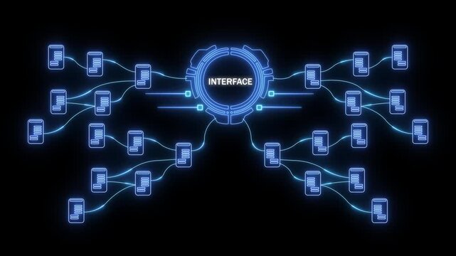 Futuristic Digital Network Interface with Connected Data Servers and Neon Blue Glow technology