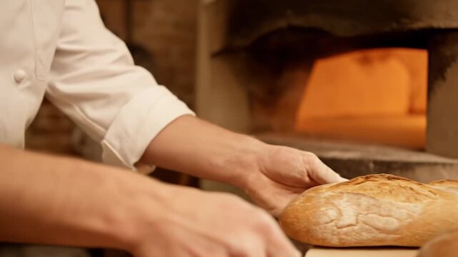 A baker in white uniform removes golden baguettes from a hot oven on a wooden peel, against a brick backdrop
