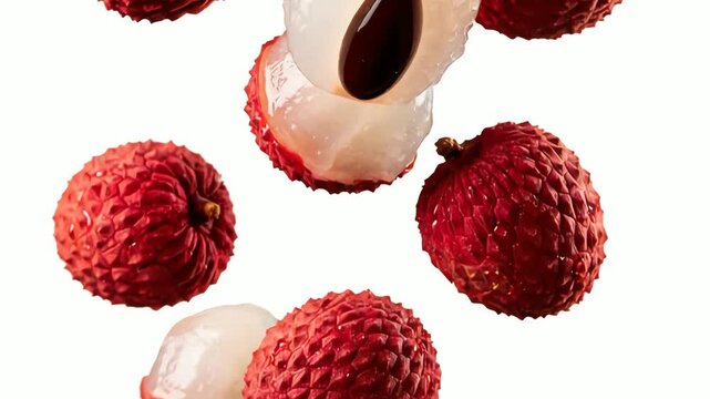 Falling Lychee Fruit Against White Background Studio Shot