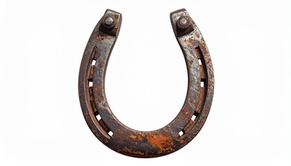 Rusty metal horseshoe with upward-turned ends and nail holes, traditional U-shape symbol of equestrian use and good luck.