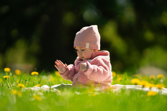 Adorable cute baby girl sitting on grass with flowers in park. Cute kid portrait. 9 month old child. Childhood concept.