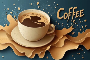 Stylized illustration of a coffee cup with artistic splashes and grains