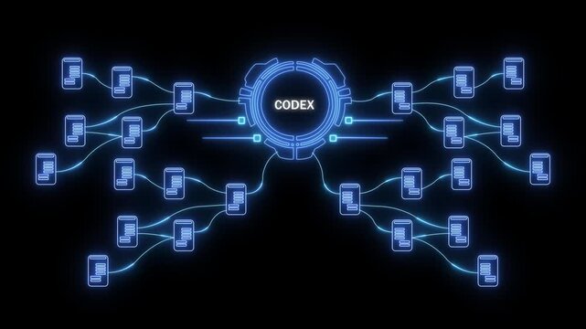 Futuristic digital network diagram with central hub labeled CODEX and connected data servers technology