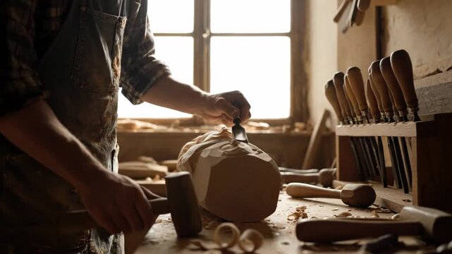 A craftsperson uses a mallet and chisel to carve a wooden bust in a sunlit workshop, with tools neatly organized