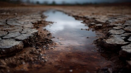 Obraz premium A close up view of cracked dry earth forming a parched landscape with a muddy puddle reflecting the overcast sky highlighting the effects of drought