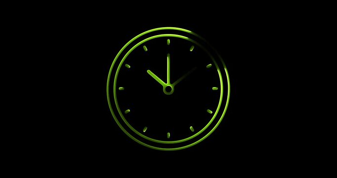 Glowing yellow and green clock face with hands on black background Keywords: clock, time, watch, dial, face, hour