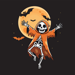 A spooky skeleton in a cape dancing under a full moon with bats vector illustration.