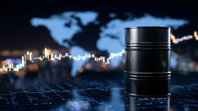 134Reflective oil barrel in foreground, global stock market graph rising across digital map in background, crude oil finance scene