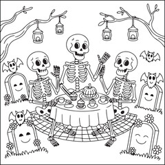 Spooky Halloween black and white coloring pages for adults with halloween releted elements.