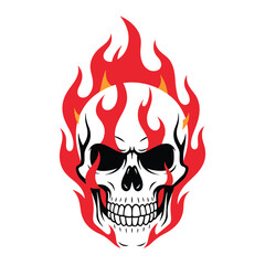 A stark white skull with intense red flames rising from its head on a dark background vector illustration.