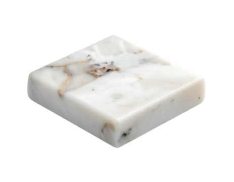 A polished white square with veining and specks, against a black background