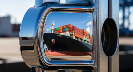 Close-up of shiny container lock reflecting cargo ship with colorful containers in port. Container lock shows detailed view of massive cargo ship docked nearby, emphasizing maritime industry.
