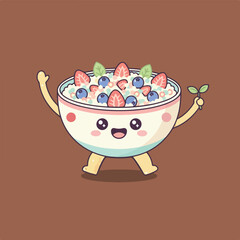 A cartoon illustration features a bowl of cereal with arms, legs, and a happy face, topped with strawberries, blueberries, and green leaves on a brown background.
