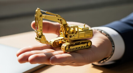 Golden excavator miniature resting on hand showcasing details and craftsmanship. The excavator model highlights intricate design and quality construction.