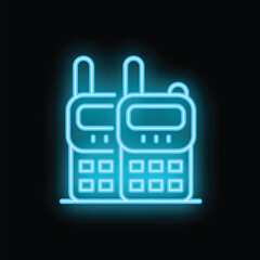 Neon sign illustration of two way radios glowing on dark background