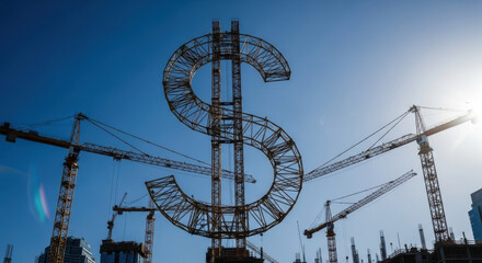 Construction cranes forming large dollar sign outline in urban setting. Towering cranes work together in creating significant financial symbol against clear blue sky.