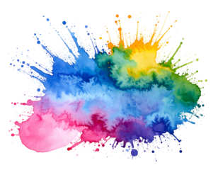 Watercolor explosion of vibrant rainbow hues, blending with fluid, artistic splashes