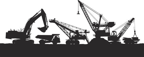 Heavy Construction Equipment with Cranes Silhouettes Mining Vector Graphic Design