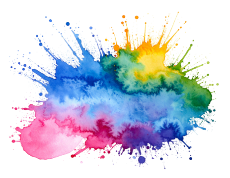 Watercolor explosion of vibrant rainbow hues, blending with fluid, artistic splashes