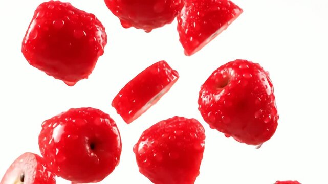 Falling Fresh Rose Apples Slow Motion Isolated on White