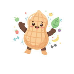 An illustration of a smiling peanut character with healthy food like fruits and a leaf, and small dumbbells, suggesting a focus on health and exercise.