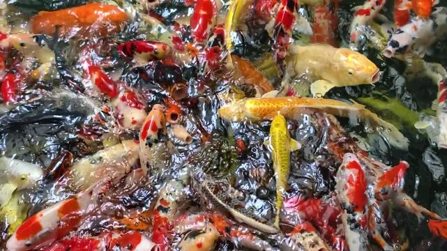 High Angle of Colorful Fish in Water, Abundance of Colorful Koi Swimming Together in Water