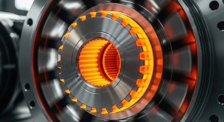 Close-up shot of a rotating machine part glowing with vibrant orange light, showcasing intricate details and mechanical precision.
