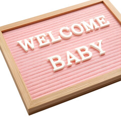 A charming light pink felt letter board with the words WELCOME BABY in white plastic letters, perfect for announcing a new arrival