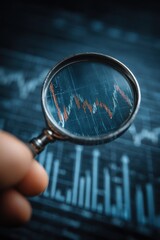 Hand inspecting financial graph through magnifying glass on a digital screen