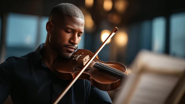 Vertical shot of African American young man playing violin during solo practice in studio looking at sheet music on stand violin practice music studio solo musician sheet music