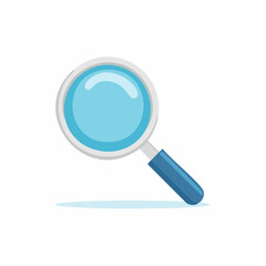 Simple flat design illustration of a blue magnifying glass with a light blue lens