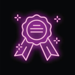 Glowing neon sign representing a quality assurance symbol with an award ribbon