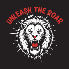 Unleash The Roar T-shirt design, A roaring lion head with a majestic mane vector illustration