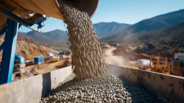153Cement mixture sliding from drum chute, close-up view of dense flow, blurred construction site visible in background