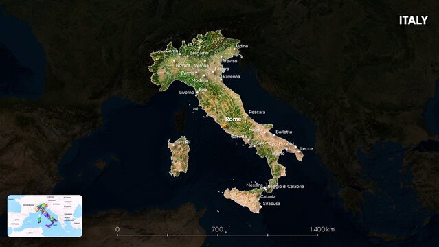 4K Italy Border Land Map, High Resolution Satellite View with Province Lines and Highly Populated Cities, Widescreen 4K Resolution