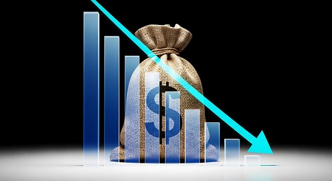 Money bag with declining graph and arrow showing loss