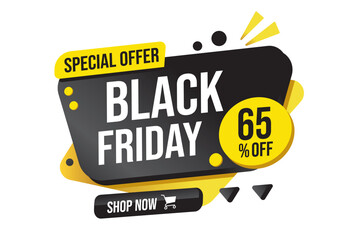 Black Friday special offer banner with shop now button and 65 percent discount. Shopping concept