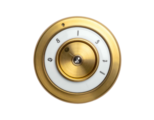 Circular device with numbered dial, brass/white rings, small pin