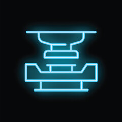 Glowing neon line hydraulic press for car repair icon isolated on black background