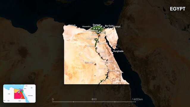 4K Egypt Border Land Map, High Resolution Satellite View with Province Lines and Highly Populated Cities, Widescreen 4K Resolution