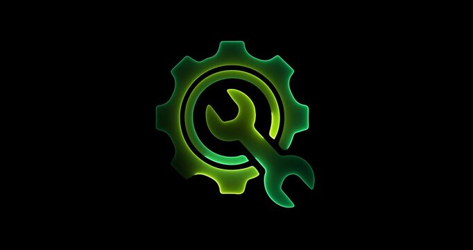 Glowing Green Gear and Wrench Icon On Black Background spanner tool