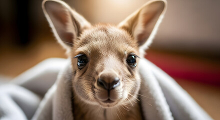 Adorable joey portrait with big eyes wrapped in a cozy blanket looking directly at you with curiosity