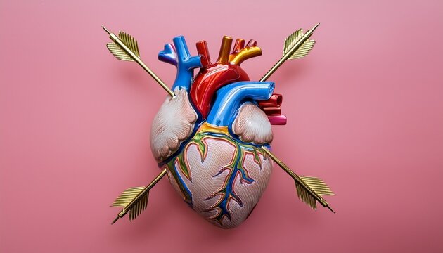 ceramic anatomical heart with gold accents pierced by vibrant colorful arrows on solid pink background