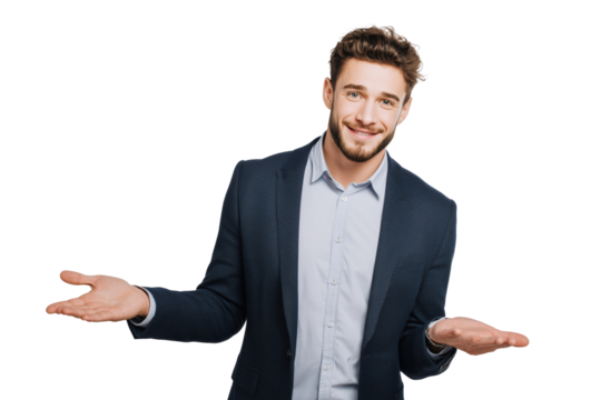 Smiling man in a suit with open hands isolated